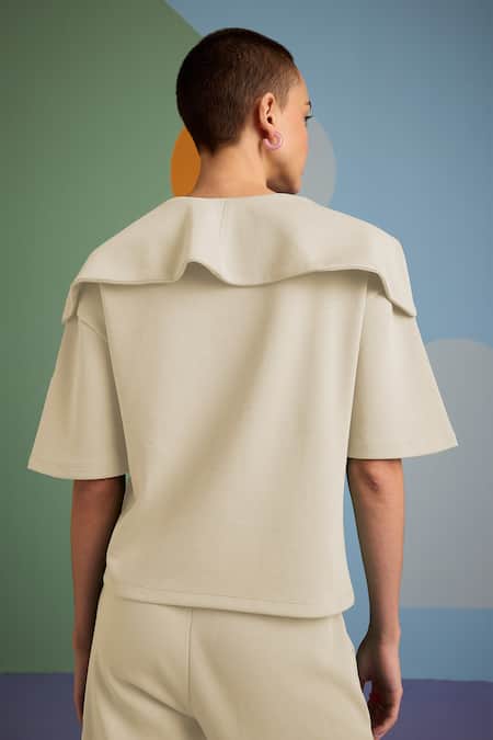 Shop Muvazo Beige Cotton, Polyester Collared Eclectic Enchantment Plain Top With Pant at Aza Fashions Shop_Muvazo_Beige Cotton, Polyester Collared Eclectic Enchantment Plain Top With Pant _at_Aza_Fashions