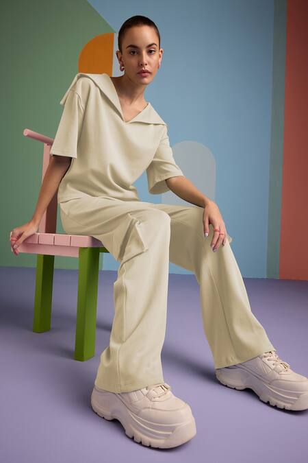 Muvazo Beige Cotton, Polyester Collared Eclectic Enchantment Plain Top With Pant Online at Aza Fashions Muvazo_Beige Cotton, Polyester Collared Eclectic Enchantment Plain Top With Pant _Online_at_Aza_Fashions