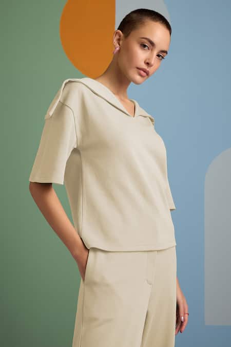 Shop Muvazo Beige Cotton, Polyester Collared Eclectic Enchantment Plain Top With Pant Online at Aza Fashions Shop_Muvazo_Beige Cotton, Polyester Collared Eclectic Enchantment Plain Top With Pant _Online_at_Aza_Fashions