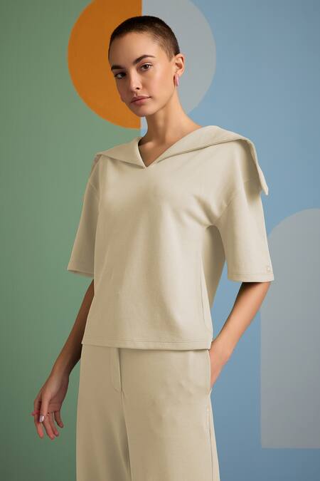 Muvazo Beige Cotton, Polyester Collared Eclectic Enchantment Plain Top With Pant at Aza Fashions Muvazo_Beige Cotton, Polyester Collared Eclectic Enchantment Plain Top With Pant _at_Aza_Fashions