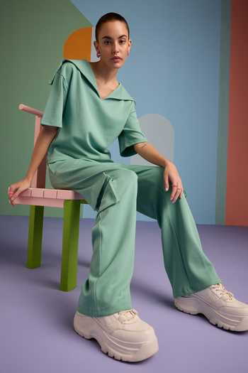 Muvazo_Green Cotton, Polyester Collared Malachite Flap Top And Pant Set _Online_at_Aza_Fashions