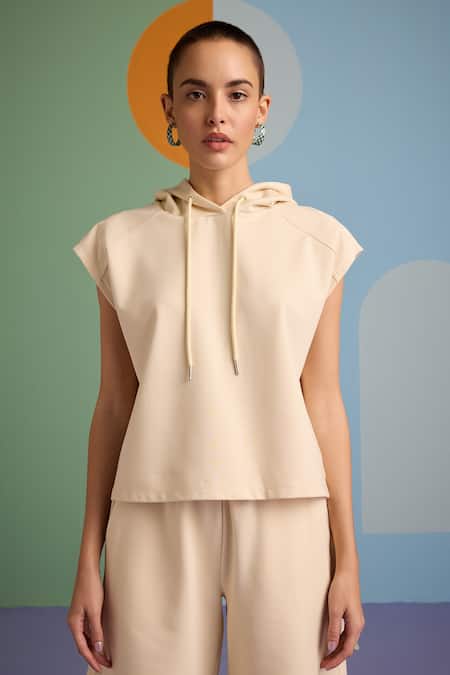 Shop Muvazo Beige Cotton, Polyester Halter Neck Oh So Cool Hoodie With Shorts at Aza Fashions Shop_Muvazo_Beige Cotton, Polyester Halter Neck Oh So Cool Hoodie With Shorts _at_Aza_Fashions