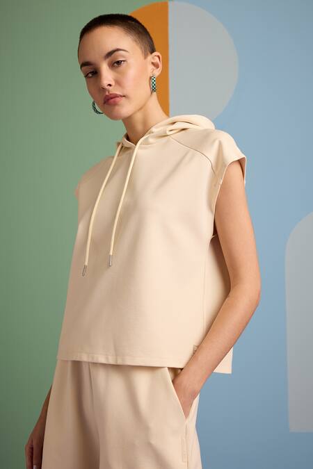 Shop Muvazo Beige Cotton, Polyester Halter Neck Oh So Cool Hoodie With Shorts Online at Aza Fashions Shop_Muvazo_Beige Cotton, Polyester Halter Neck Oh So Cool Hoodie With Shorts _Online_at_Aza_Fashions