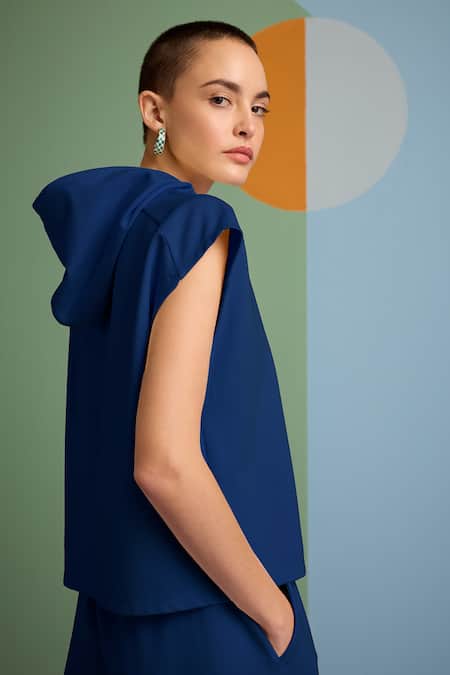 Shop Muvazo Blue Cotton, Polyester Halter Neck Oh So Cool Plain Hoodie With Shorts at Aza Fashions Shop_Muvazo_Blue Cotton, Polyester Halter Neck Oh So Cool Plain Hoodie With Shorts _at_Aza_Fashions