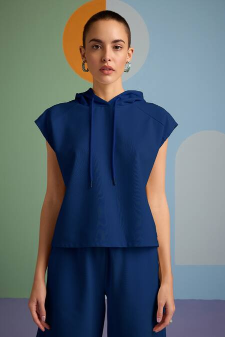 Shop Muvazo Blue Cotton, Polyester Halter Neck Oh So Cool Plain Hoodie With Shorts Online at Aza Fashions Shop_Muvazo_Blue Cotton, Polyester Halter Neck Oh So Cool Plain Hoodie With Shorts _Online_at_Aza_Fashions