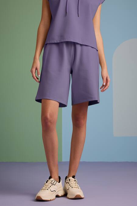Muvazo_Purple Halter Neck Hoodie And Shorts Set _at_Aza_Fashions