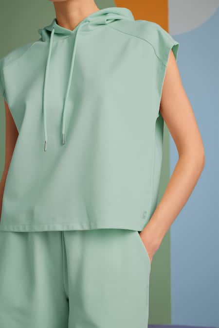 Muvazo_Green Cotton, Polyester Halter Neck Oh So Cool Hooded Tee With Shorts _Online_at_Aza_Fashions