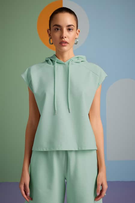 Buy_Muvazo_Green Cotton, Polyester Halter Neck Oh So Cool Hooded Tee With Shorts _Online_at_Aza_Fashions