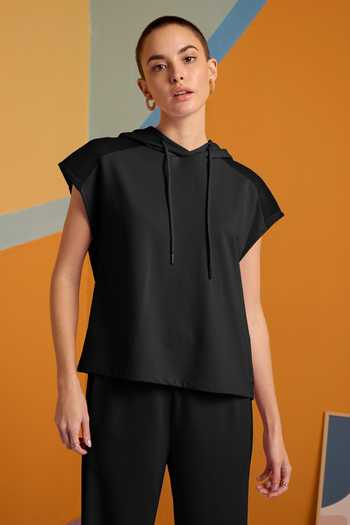 Muvazo_Black Cotton, Polyester Halter Neck Ethereal Elegance Hoodie With Pant _at_Aza_Fashions