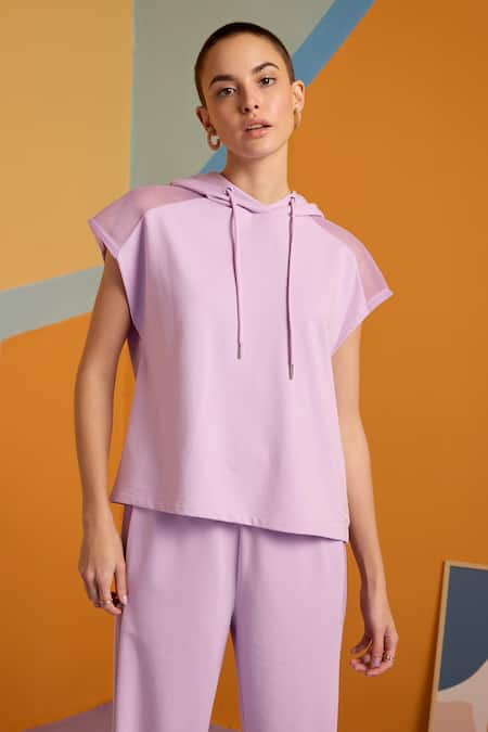 Shop Muvazo Purple Cotton, Polyester Halter Neck Digital Lavender Hoodie And Pant Set Online at Aza Fashions Shop_Muvazo_Purple Cotton, Polyester Halter Neck Digital Lavender Hoodie And Pant Set _Online_at_Aza_Fashions