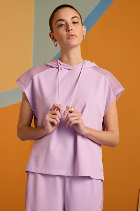 Muvazo Purple Cotton, Polyester Halter Neck Digital Lavender Hoodie And Pant Set at Aza Fashions Muvazo_Purple Cotton, Polyester Halter Neck Digital Lavender Hoodie And Pant Set _at_Aza_Fashions