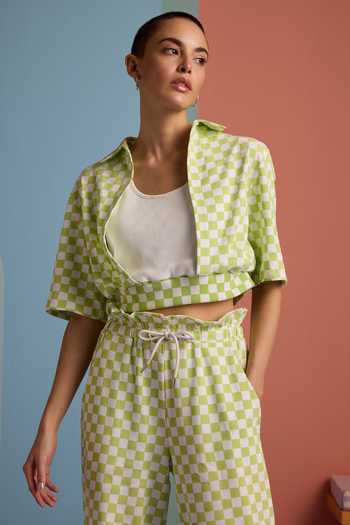 Buy_Muvazo_Green Cotton, Polyester Collared Checkmate Vibe Top With Pant _Online_at_Aza_Fashions