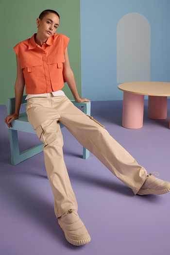 Buy_Muvazo_Orange Cotton Collared Citrus Pocketed Top With Pant _Online_at_Aza_Fashions