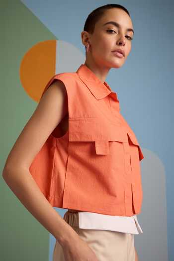 Muvazo_Orange Cotton Collared Citrus Pocketed Top With Pant _at_Aza_Fashions