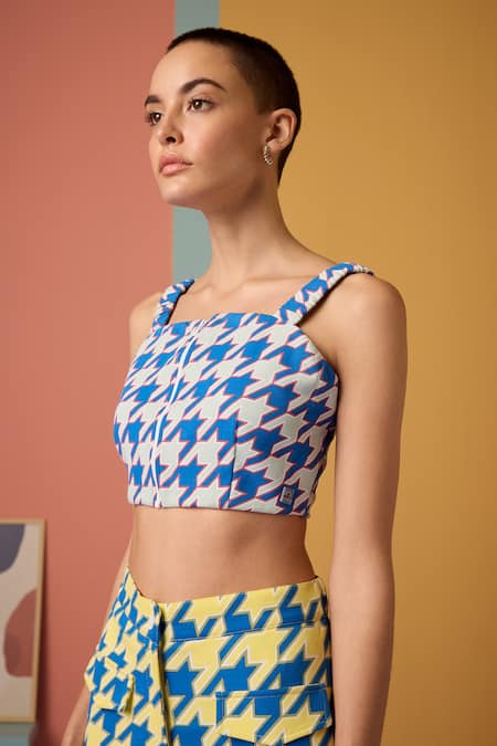 Muvazo_Blue Cotton, Polyester Square Neck Houndstooth Vibe Print Top With Pant _Online_at_Aza_Fashions