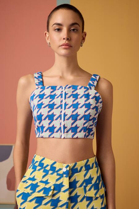 Buy_Muvazo_Blue Cotton, Polyester Square Neck Houndstooth Vibe Print Top With Pant _Online_at_Aza_Fashions