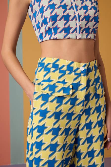 Shop_Muvazo_Blue Cotton, Polyester Square Neck Houndstooth Vibe Print Top With Pant _Online_at_Aza_Fashions