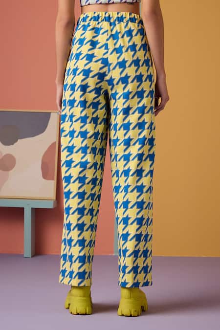 Muvazo_Blue Cotton, Polyester Square Neck Houndstooth Vibe Print Top With Pant _at_Aza_Fashions