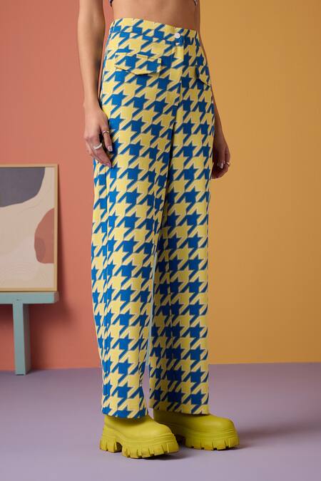 Buy_Muvazo_Blue Cotton, Polyester Square Neck Houndstooth Vibe Print Top With Pant 