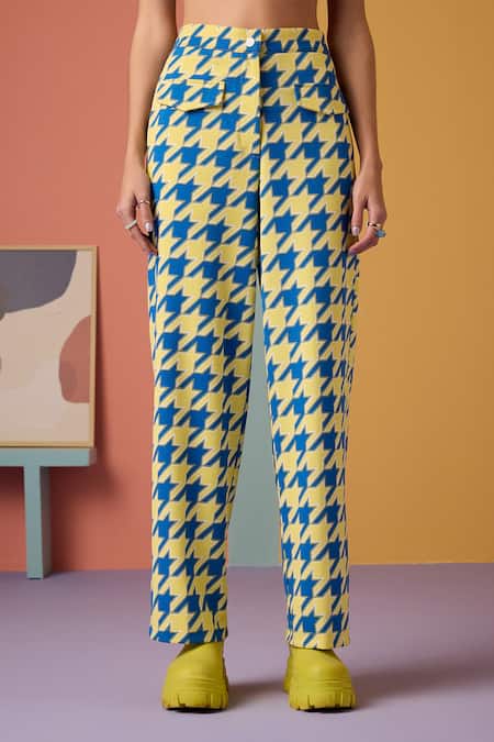 Shop_Muvazo_Blue Cotton, Polyester Square Neck Houndstooth Vibe Print Top With Pant 