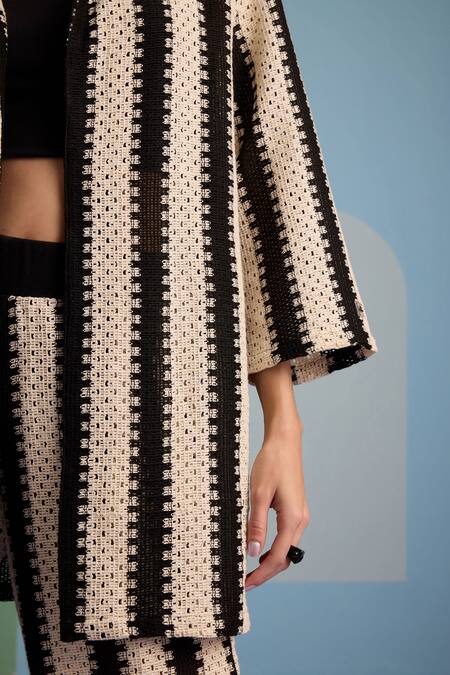 Muvazo_Black Cotton, Polyester, Lycra Collared Crochet Stripe Pattern Shrug Pant Set _Online_at_Aza_Fashions