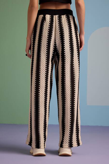 Buy_Muvazo_Black Cotton, Polyester, Lycra Collared Crochet Stripe Pattern Shrug Pant Set _Online_at_Aza_Fashions