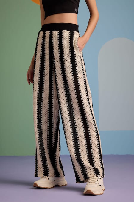 Shop_Muvazo_Black Cotton, Polyester, Lycra Collared Crochet Stripe Pattern Shrug Pant Set _Online_at_Aza_Fashions