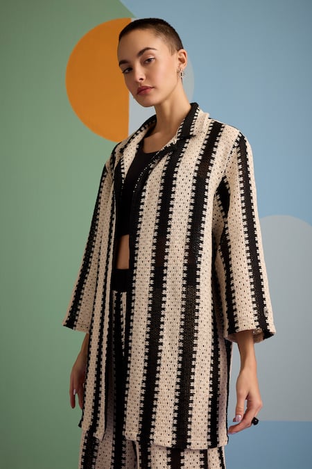 Muvazo_Black Cotton, Polyester, Lycra Collared Crochet Stripe Pattern Shrug Pant Set _at_Aza_Fashions