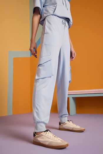 Muvazo_Blue Cotton, Polyester Halter Neck Ocean Mist Hoodie Top And Joggers Set _Online_at_Aza_Fashions