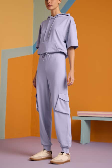 Muvazo_Purple Cotton, Polyester Mist Plain Hoodie Top And Joggers Set _Online_at_Aza_Fashions