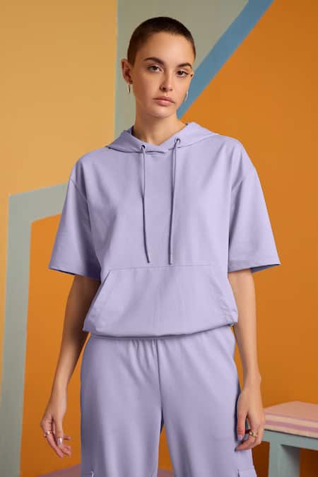 Shop_Muvazo_Purple Cotton, Polyester Mist Plain Hoodie Top And Joggers Set _Online_at_Aza_Fashions