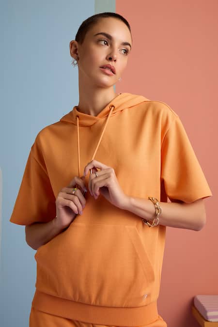 Buy_Muvazo_Orange Cotton, Polyester Halter Neck Zest Solid Hoodie Top And Joggers Set _Online_at_Aza_Fashions