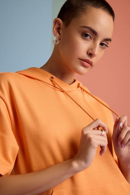 Shop_Muvazo_Orange Cotton, Polyester Halter Neck Zest Solid Hoodie Top And Joggers Set _Online_at_Aza_Fashions