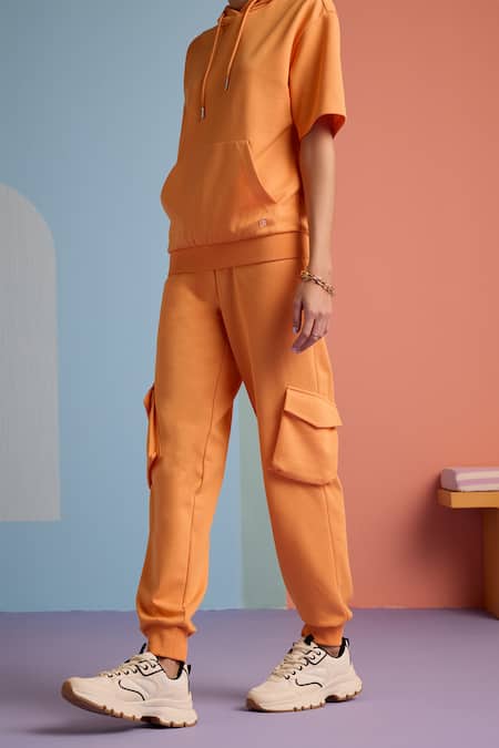 Buy_Muvazo_Orange Cotton, Polyester Halter Neck Zest Solid Hoodie Top And Joggers Set 