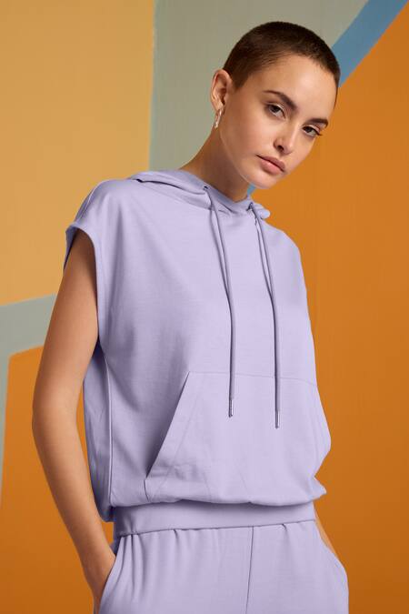 Muvazo_Purple Cotton, Polyester Halter Neck Mist Travel Plain Hoodie Top And Joggers Set _Online_at_Aza_Fashions