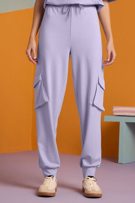 Shop_Muvazo_Purple Cotton, Polyester Halter Neck Mist Travel Plain Hoodie Top And Joggers Set _Online_at_Aza_Fashions