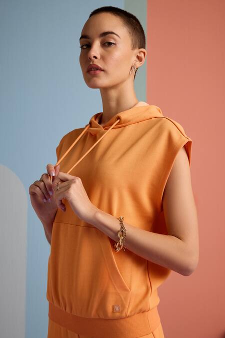 Buy_Muvazo_Orange Cotton, Polyester Halter Neck Zest Solid Hoodie Top And Joggers Set _Online_at_Aza_Fashions
