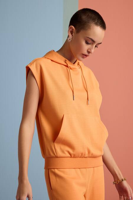 Shop_Muvazo_Orange Cotton, Polyester Halter Neck Zest Solid Hoodie Top And Joggers Set _Online_at_Aza_Fashions