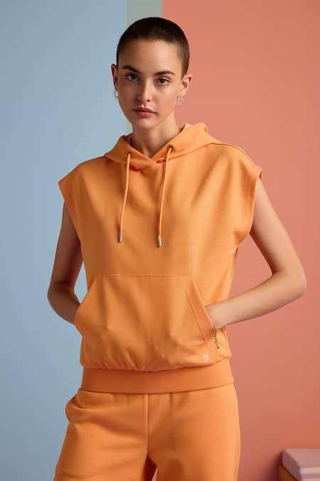 Muvazo_Orange Cotton, Polyester Halter Neck Zest Solid Hoodie Top And Joggers Set _at_Aza_Fashions