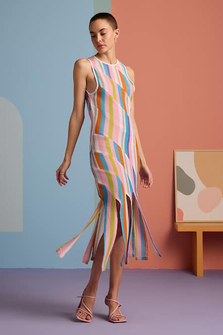 MUVAZO Multi Color 100% Polyester Embroidery Crochet Rainbow Fringe Hem Dress 