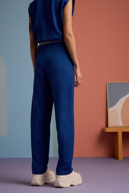 Muvazo_Blue Cotton, Polyester Collared Azure Wave Cropped Top With Pant _Online_at_Aza_Fashions