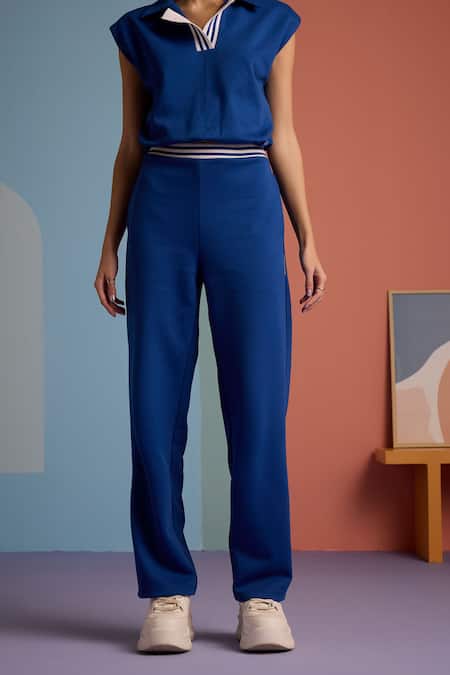 Buy_Muvazo_Blue Cotton, Polyester Collared Azure Wave Cropped Top With Pant _Online_at_Aza_Fashions