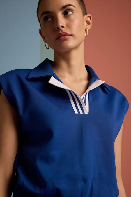 Shop_Muvazo_Blue Cotton, Polyester Collared Azure Wave Cropped Top With Pant _Online_at_Aza_Fashions