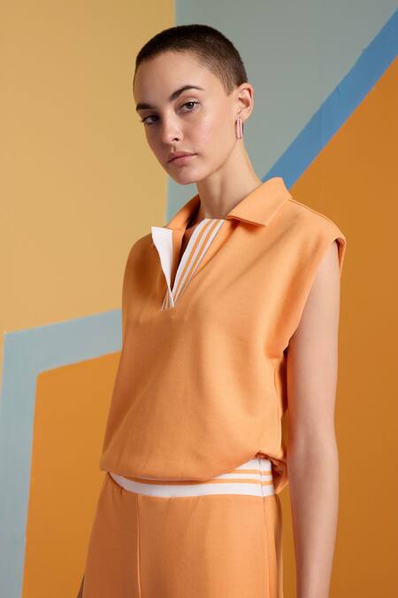 Muvazo_Orange Cotton, Polyester Collared Tangerine Twist Cropped Top With Pant _Online_at_Aza_Fashions
