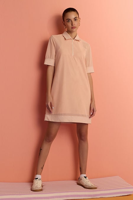 MUVAZO Peach Polyester Mesh Plain Collared Neck Bring It On Dress 