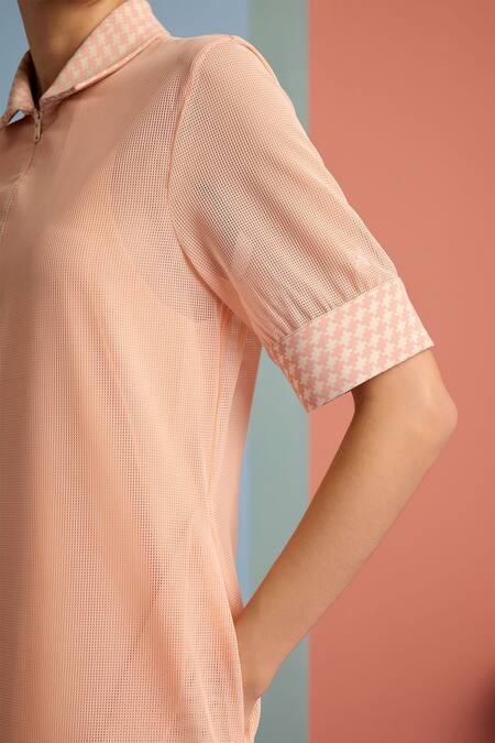 Muvazo Peach Polyester Collared Plain Mini Dress With Geometric Online at Aza Fashions Muvazo_Peach Polyester Collared Plain Mini Dress With Geometric _Online_at_Aza_Fashions