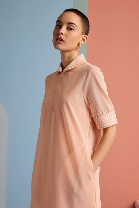 Shop Muvazo Peach Polyester Collared Plain Mini Dress With Geometric Online at Aza Fashions Shop_Muvazo_Peach Polyester Collared Plain Mini Dress With Geometric _Online_at_Aza_Fashions