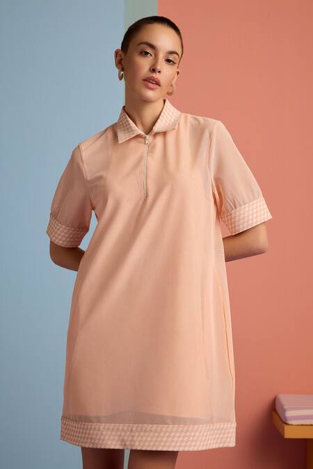Muvazo Peach Polyester Collared Plain Mini Dress With Geometric at Aza Fashions Muvazo_Peach Polyester Collared Plain Mini Dress With Geometric _at_Aza_Fashions