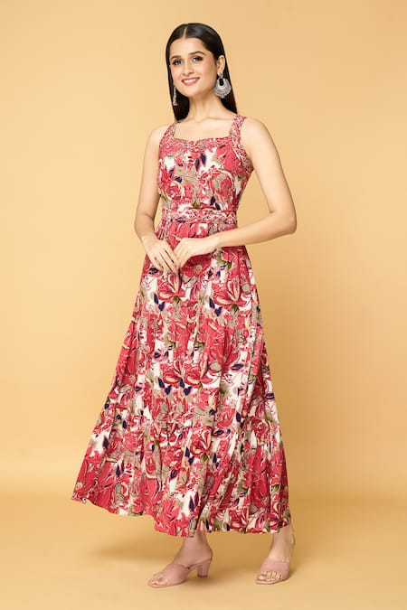 Adara Khan Multi Color Muslin Embellished Mirror Work Square Floral Print Tiered Maxi Dress