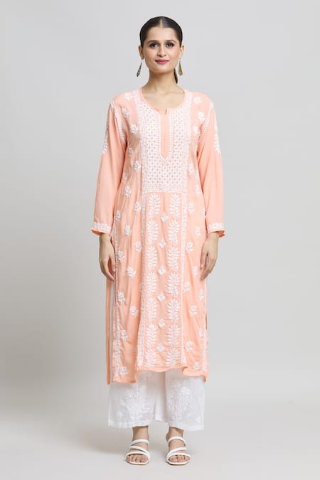 Samyukta Singhania_Orange Modal, Cotton Embroidery Split V-neck Chikankari Floral Kurta _Online_at_Aza_Fashions